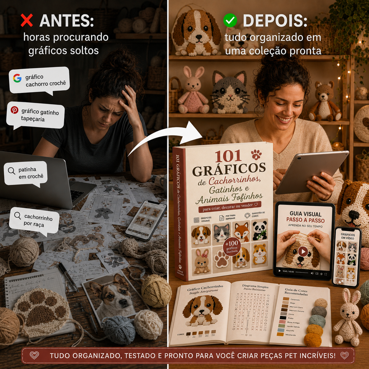 Colagem mostrando Pinterest, YouTube, Google e grupos de crochê apontando para a Biblioteca 101 Gráficos de Pets Fofinhos.